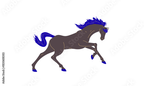 A majestic dark horse with a flowing blue mane and tail, captured mid-stride with an energetic leap against a white background, symbolizing power and grace