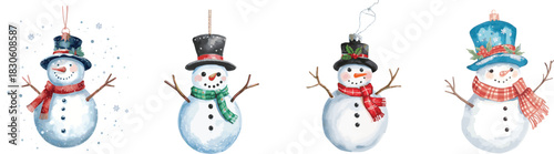 Watercolor snowman Christmas ornament isolated set on white. Hand painted winter decoration.