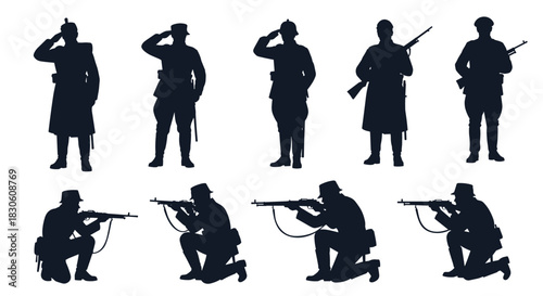 Collection of black silhouettes of German soldiers from the World War I era in various combat and standing poses on a white background.