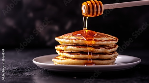 Honey Drizzling Stacked Pancakes Breakfast Delicacy Fluffy Muffins Dark Background Meal Arrangement