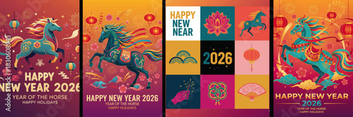 2026 Year of the Horse Happy New Year Vector: Cute Illustrations of Horse, Fan, Sparklers & Chinese Lanterns for Greeting Cards, Posters & Festive Flyers.