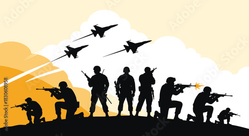 Silhouette of a military squad on a hilltop with fighter jets flying overhead against a dramatic orange sky during a mission.