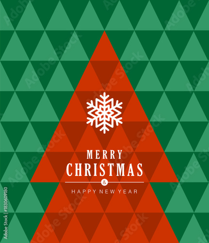 Festive Christmas and New Year greeting card featuring a red geometric Christmas tree shape with a snowflake on a green diamond pattern background.
