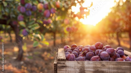 California Dried Plum Digestive Health Month: image of California plum orchard at golden hour, wooden crate filled with fresh and dried plums in foreground