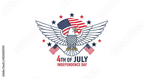 American Independence Day emblem featuring a bald eagle with spread wings two US flags and stars for the 4th of July celebration.