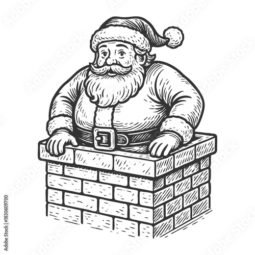 Santa Claus looking surprised while stuck in a brick chimney, perfect for humorous Christmas themes sketch engraving generative ai vector illustration. Scratch board. Black and white image.