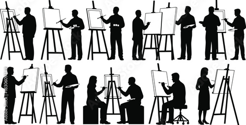 Art class silhouettes, painting at easel, creative people, drawing poses, black vector icons, studio artists, artistic activity illustrations