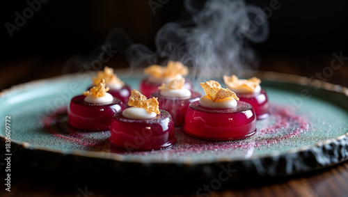 Molecular gastronomy dish, translucent beetroot gel spheres bursting with horseradish foam