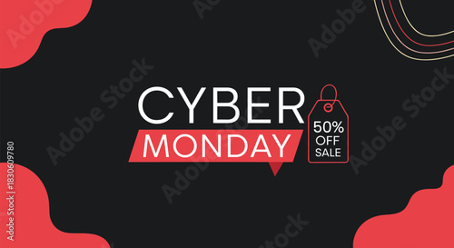 Modern 'Cyber Monday 50% Off Sale' banner with clean typography and a price tag icon on a dark background with abstract shapes.