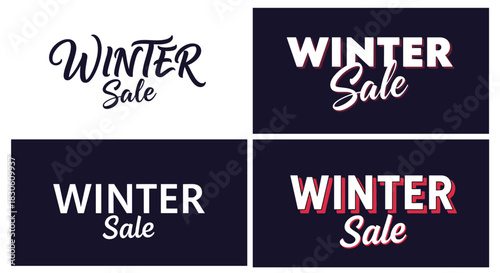 A set of four 'Winter Sale' typographic logos in different styles including script and bold sans-serif on dark and white backgrounds.