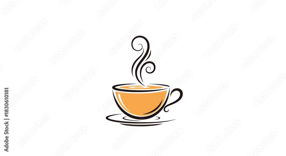 Obraz premium A simple and elegant line art drawing of a steaming hot cup of coffee or tea on a saucer isolated on a white background.