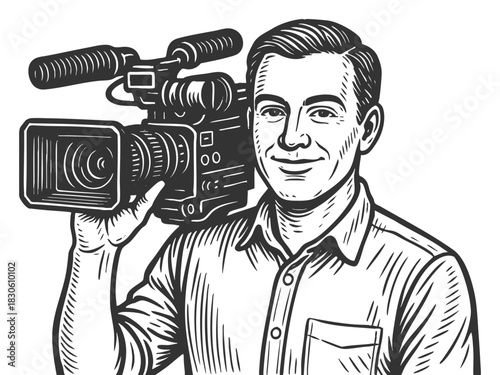smiling man holding a professional video camera, ideal for media, journalism, and filmmaking themes sketch engraving generative ai vector illustration. Scratch board. Black and white image.