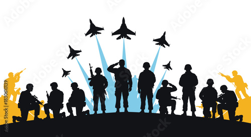A patriotic military tribute silhouette with soldiers on the ground and a formation of fighter jets flying overhead.
