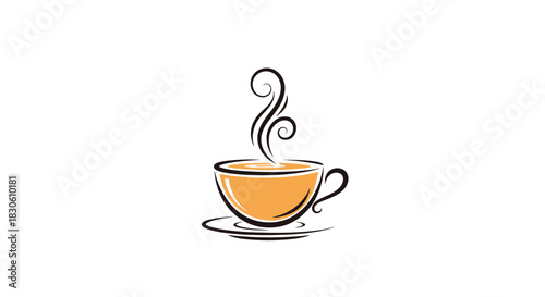 A simple and elegant line art drawing of a steaming hot cup of coffee or tea on a saucer isolated on a white background.