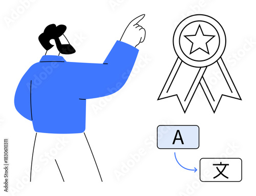 Bearded man gesturing towards badge icon with star symbolic translation blocks below. Ideal for learning, achievement, education, certification, communication, success, multilingual topics simple