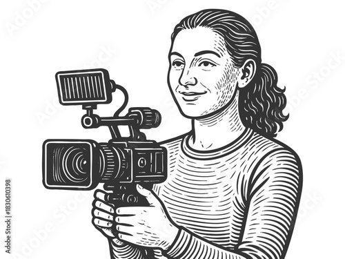 smiling woman holding a professional video camera, ideal for media, journalism, and filmmaking themes sketch engraving generative ai vector illustration. Scratch board. Black and white image.