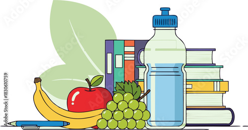 A vibrant illustration showcasing essential elements for student success, promoting a healthy balance of nutritious snacks, hydration, and academic resources