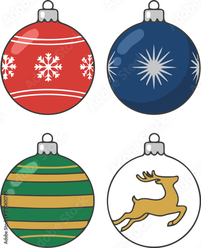 A collection of four festive Christmas ball ornaments featuring distinct designs: red with snowflakes, dark blue with starbursts, green with gold stripes, and white with a golden reindeer silhouette.