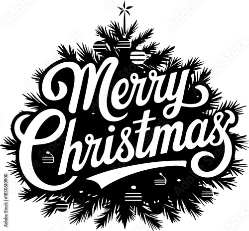 Merry Christmas greeting hand lettering. Holiday logo. Black handwritten inscription decorated with Christmas tree branches and star ornament. Greeting card template. Isolated on white background