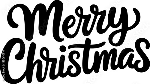 Merry Christmas greeting hand lettering. Holiday logo. Black handwritten inscription decorated with Christmas tree branches and star ornament. Greeting card template. Isolated on white background