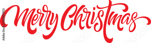 Merry Christmas greeting hand lettering. Holiday logo. Black handwritten inscription decorated with Christmas tree branches and star ornament. Greeting card template. Isolated on white background