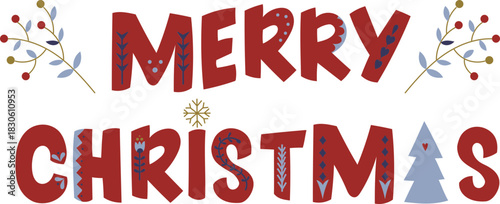 Merry Christmas greeting hand lettering. Holiday logo. Black handwritten inscription decorated with Christmas tree branches and star ornament. Greeting card template. Isolated on white background