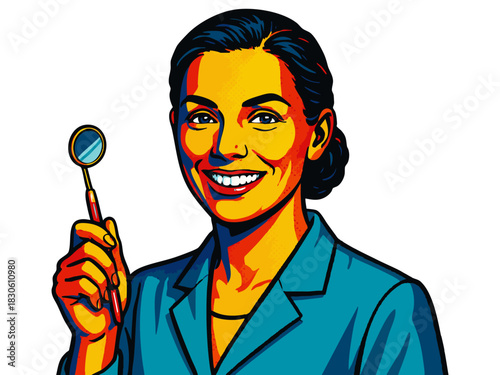 confident woman dentist in a lab coat holding a dental mirror, ideal for oral health themes. Generative ai vector colorful pop art illustration.