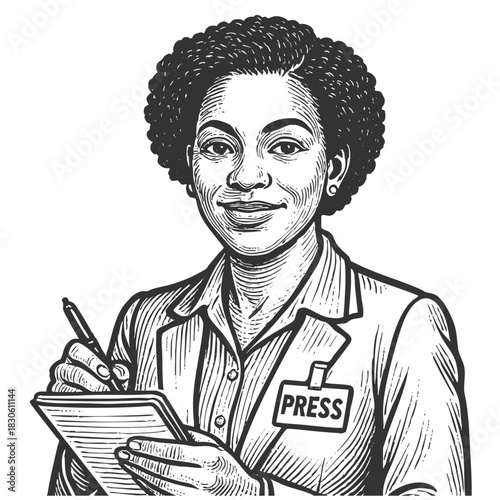 woman reporter with a press badge taking notes, ideal for news, media, or storytelling themes sketch engraving generative ai fictional character vector illustration. Scratch board. Black and white.