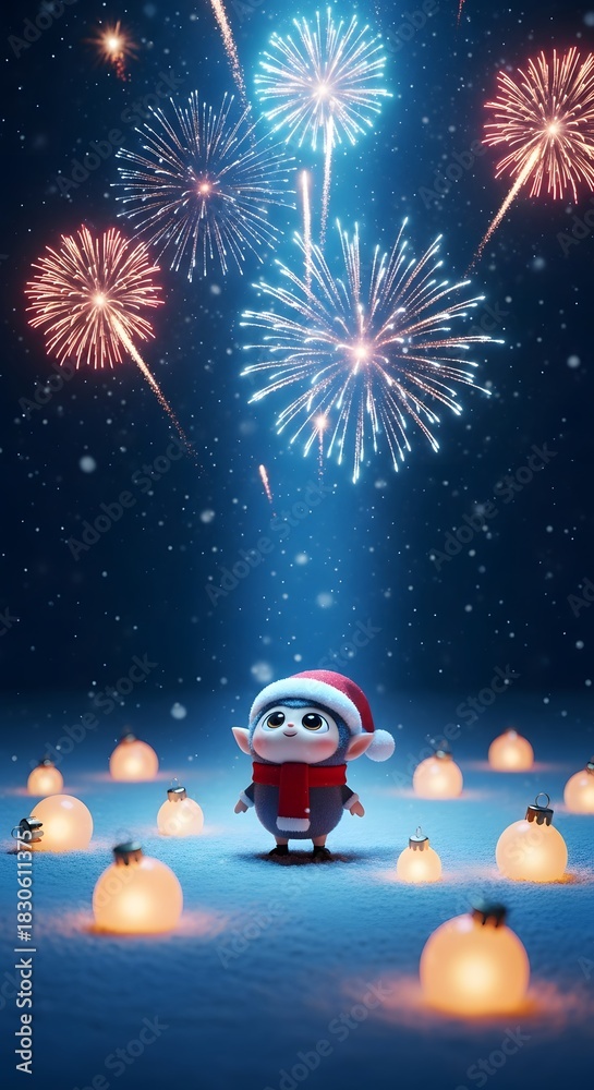 Fototapeta premium Cute Christmas Elf with Fireworks and Glowing Ornaments in Snowy Night, Holiday Celebration, Festive Season, Copy Space, Banner