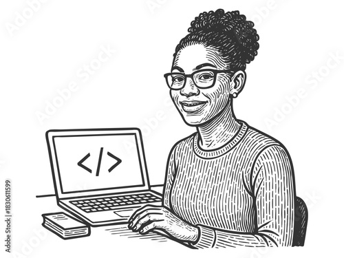 smiling woman with glasses coding on a laptop, ideal for tech, programming, or education themes sketch engraving generative ai fictional character vector illustration. Scratch board. Black and white.