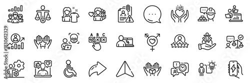 Inclusion, Genders and Ranking line icons pack. Share, Message, Paper plane icons. Correct checkbox, Hold heart, Disability web icon. Clean shirt, Build, Social media pictogram. Vector
