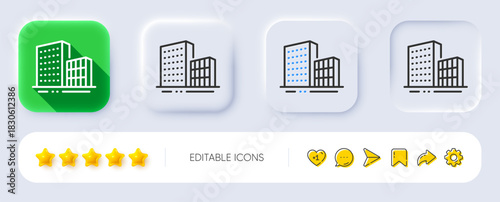Buildings line icon. Neumorphic, Flat shadow, 3d buttons. City architecture sign. Skyscraper building symbol. Line buildings icon. Social media icons. Vector