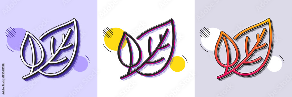 Naklejka premium Leaves line icon. Halftone dotted pattern. Gradient icon with grain shadow. Nature plant leaf sign. Environmental care symbol. Line leaf icon. Various designs. Vector