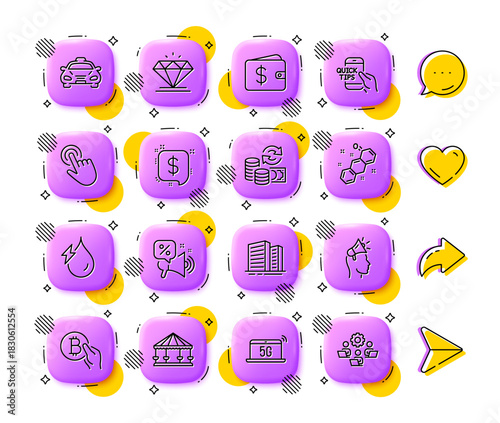 5g notebook, Buildings and Brand ambassador line icons. App 3d buttons. Social media comment, share, like icons. Pack of Chemical formula, Dollar wallet, Bitcoin pay icon. Vector