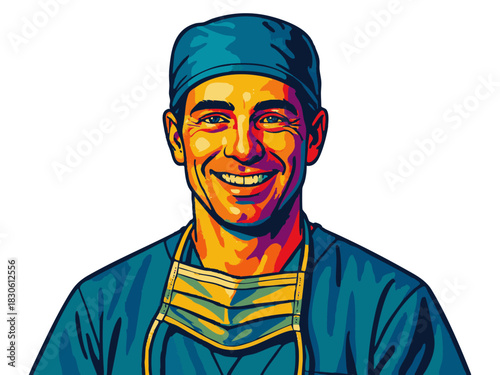 happy surgeon wearing teal scrubs and surgical cap, ideal for healthcare, medical, and hospital-related designs. Generative ai vector colorful pop art illustration.