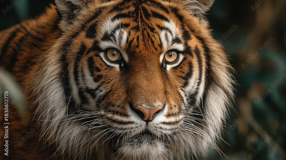 Obraz premium The tiger stares forward, embodying strength, wildness, and calm confidence of a predator hidden within forest shadows.