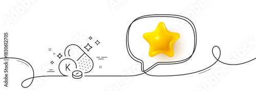 Vitamin K line icon. Continuous line with 3d star. Food nutrient sign. Capsule or pill supplement symbol. 3d star in speech bubble. Vitamin K single line ribbon. Loop curve pattern. Vector