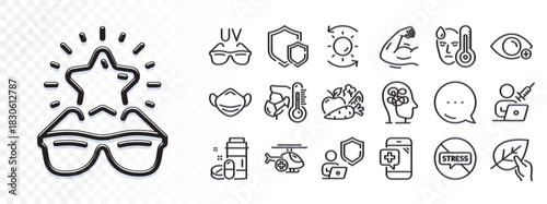 Stop stress, Best glasses and Vegetables line icons for web app. Glare of light effect. Message icon. Pack of Farsightedness, Sick man, Shields pictogram icons. Vector