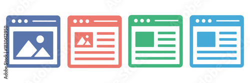 Webpage vector icon set, website symbol illustration collection featuring home, menu, link, browser, and navigation elements