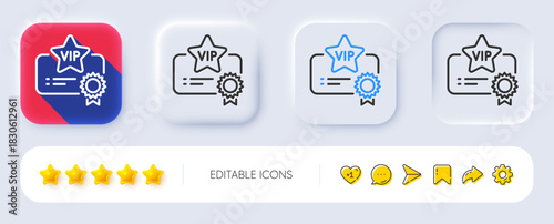 Vip certificate line icon. Neumorphic, Flat shadow, 3d buttons. Very important person document sign. Member club privilege symbol. Line vip certificate icon. Social media icons. Vector