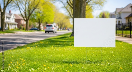 Blank white yard sign placed on bright green grass lawn in suburban neighborhood setting during spring