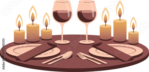 Elegant dining table setting with wine glasses and candles for special occasion, ready for couple enjoying gourmet meal at restaurant