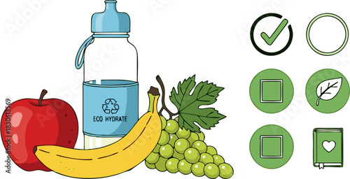 Comprehensive illustration for healthy lifestyle choices featuring fresh fruits, a reusable water bottle, and a collection of green icons for wellness tracking and eco-friendly habits