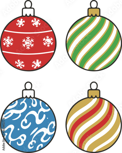 A set of four colorful Christmas ball ornaments featuring diverse patterns including red with snowflakes, blue with swirls, and diagonal stripes in green and gold.