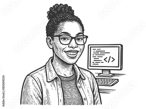 smiling woman with glasses coding on a laptop, ideal for tech, programming, or education themes sketch engraving generative ai fictional character vector illustration. Scratch board. Black and white.