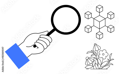 Hand with magnifying glass focusing on geometric connections and flowering plant. Ideal for exploration, analysis, research, curiosity, innovation, discovery, education. Simple flat metaphor