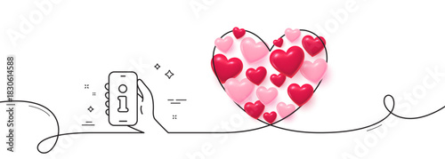 Support line icon. Continuous line big heart. Phone information sign. Smartphone info symbol. 3d hearts in heart shaped loop. Support single line ribbon. Loop curve pattern. Vector