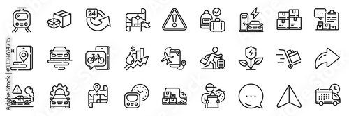 Eco power, Delivery man and Exhaust line icons pack. Share, Message, Paper plane icons. Carry-on baggage, Flights application, Route web icon. Packing boxes, Charging station, Train pictogram. Vector