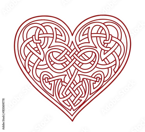 Heart outline in dark red filled with complex, flowing Celtic knotwork, representing timeless love, binding relationships, and interlocking fates.