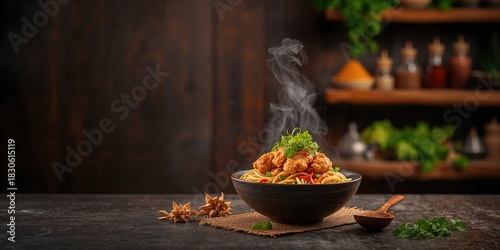 A potted plant on a wooden table used as a neutral background for interior design, spring equinox